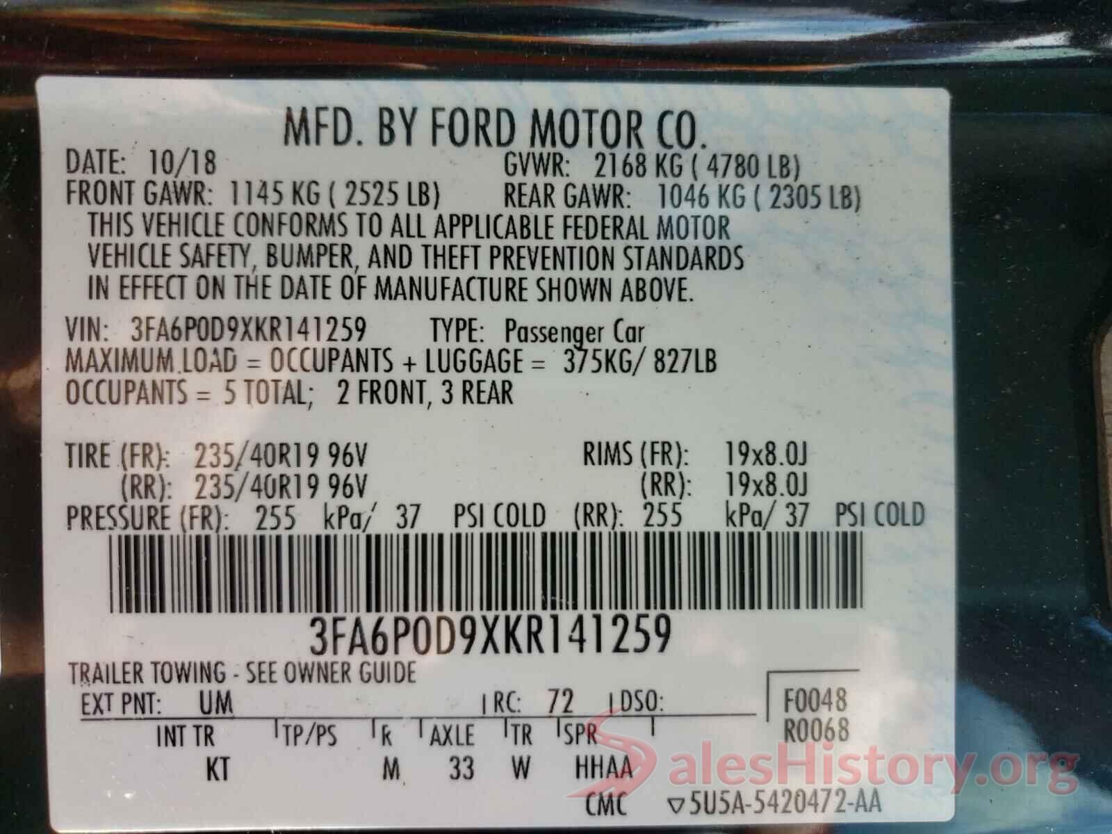 3FA6P0D9XKR141259 2019 FORD FUSION