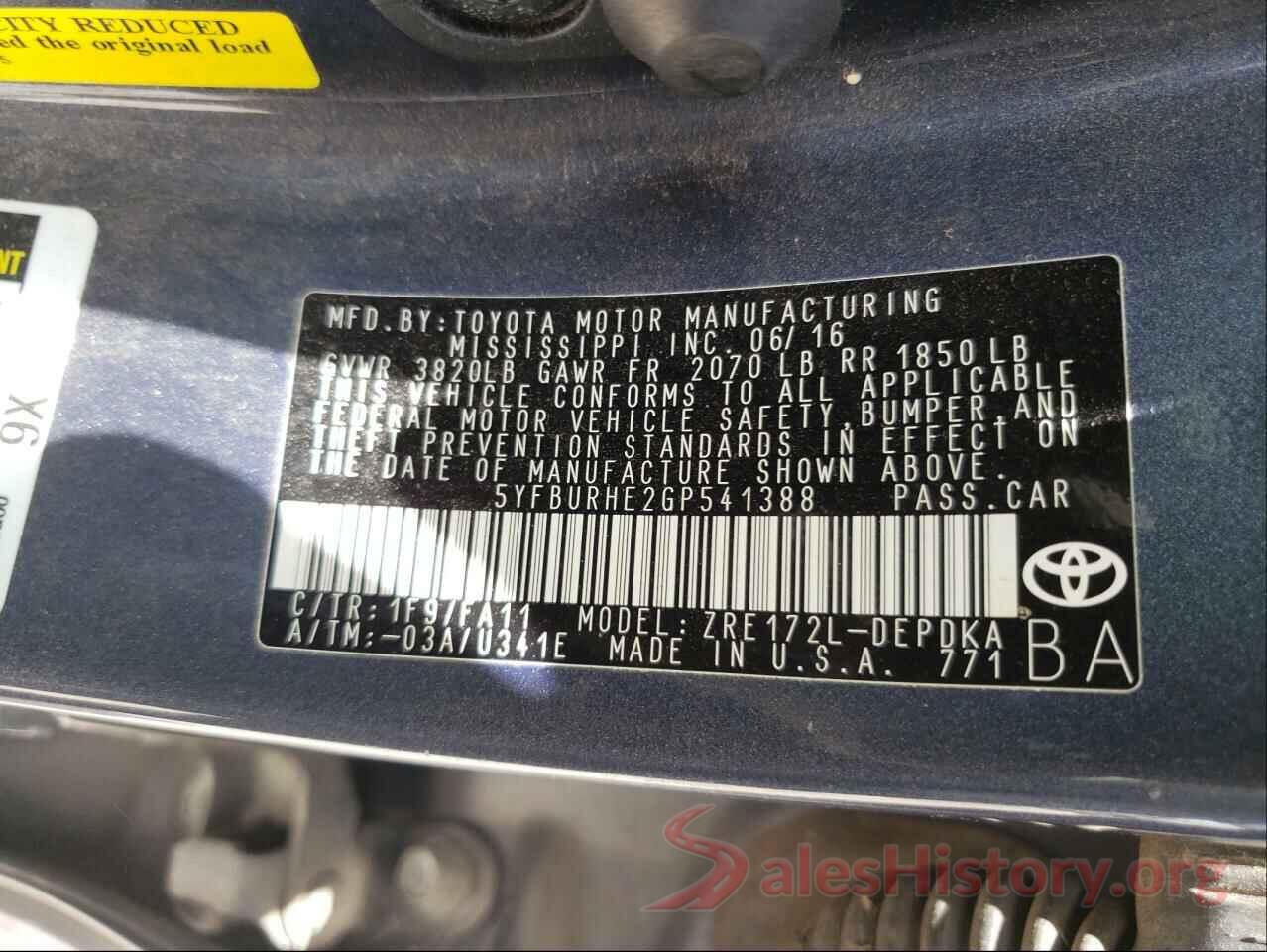 5YFBURHE2GP541388 2016 TOYOTA COROLLA