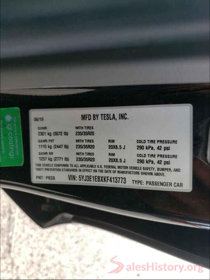 5YJ3E1EBXKF413773 2019 TESLA MODEL 3