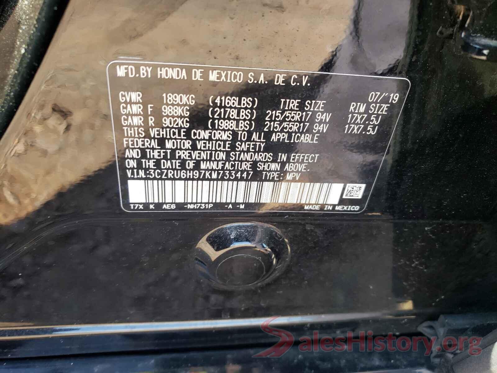 3CZRU6H97KM733447 2019 HONDA HR-V