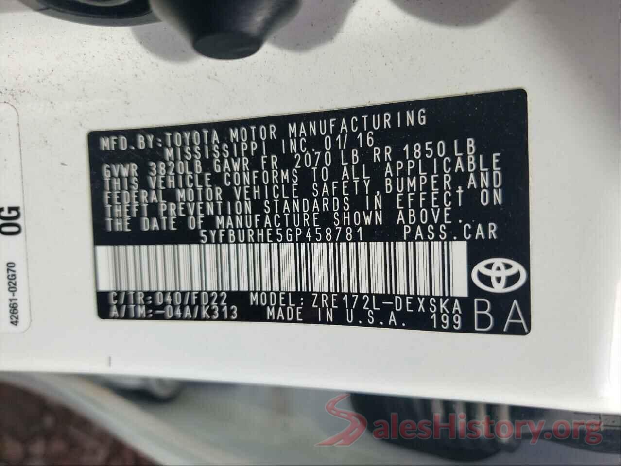 5YFBURHE5GP458781 2016 TOYOTA COROLLA