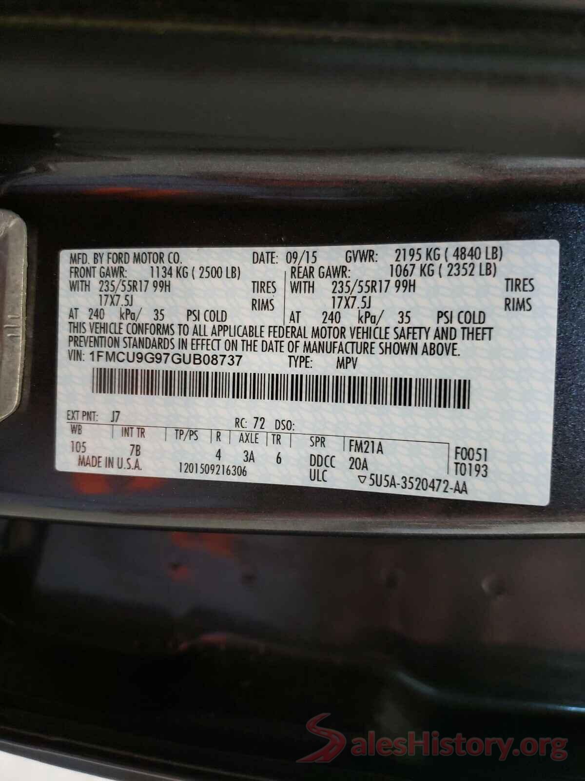 1FMCU9G97GUB08737 2016 FORD ESCAPE