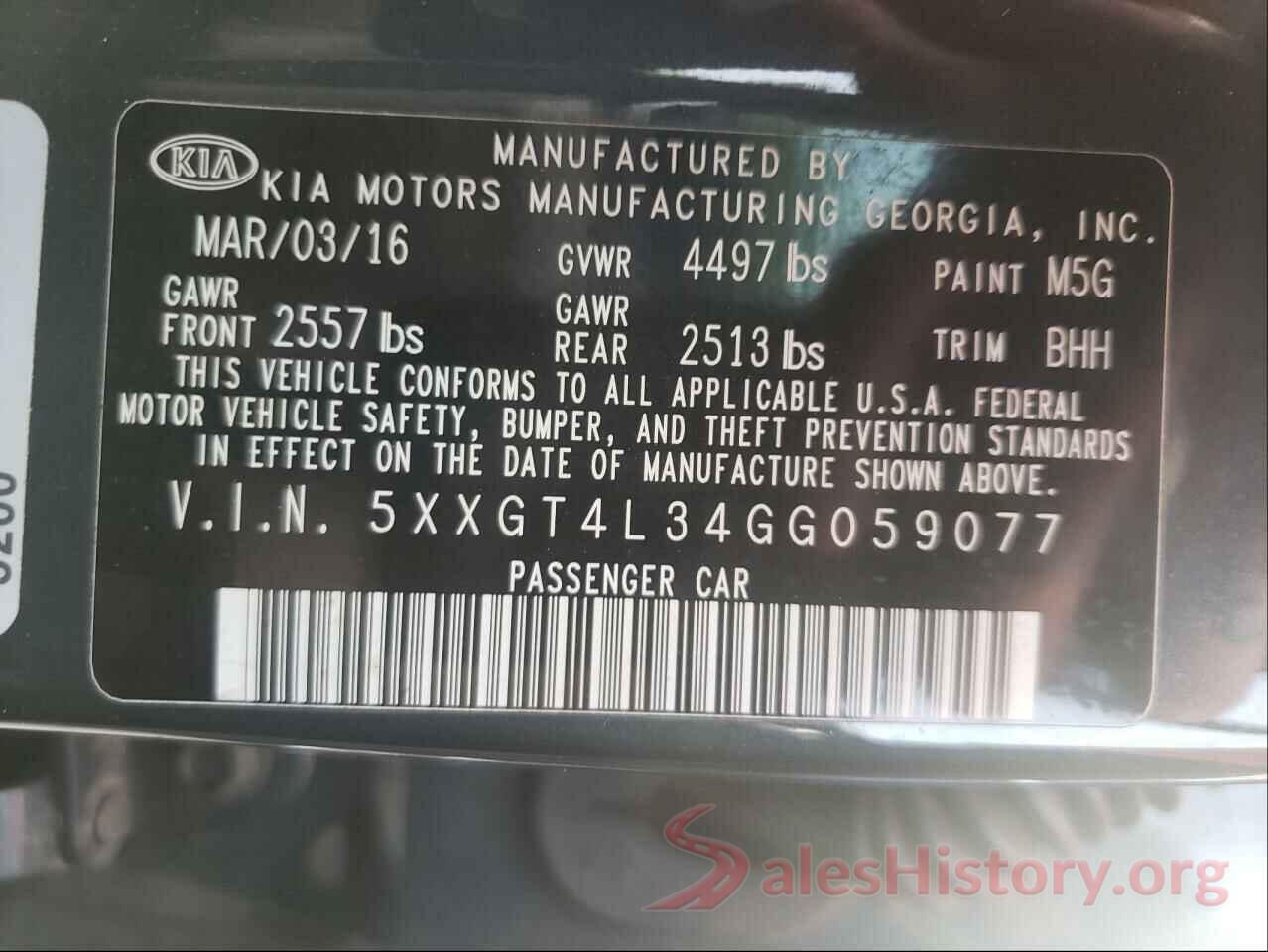 5XXGT4L34GG059077 2016 KIA OPTIMA