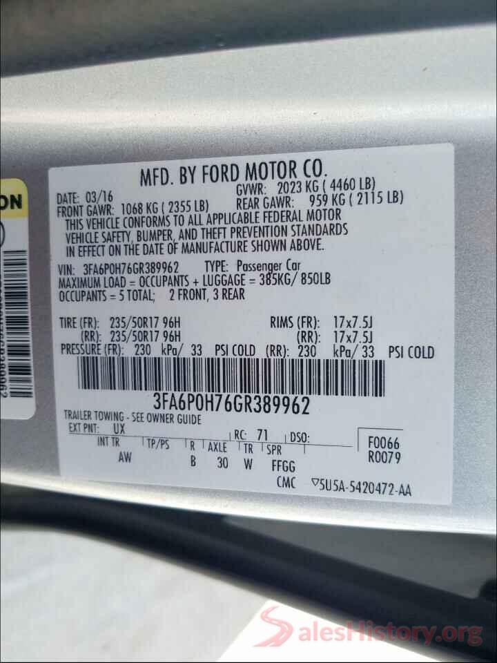 3FA6P0H76GR389962 2016 FORD FUSION