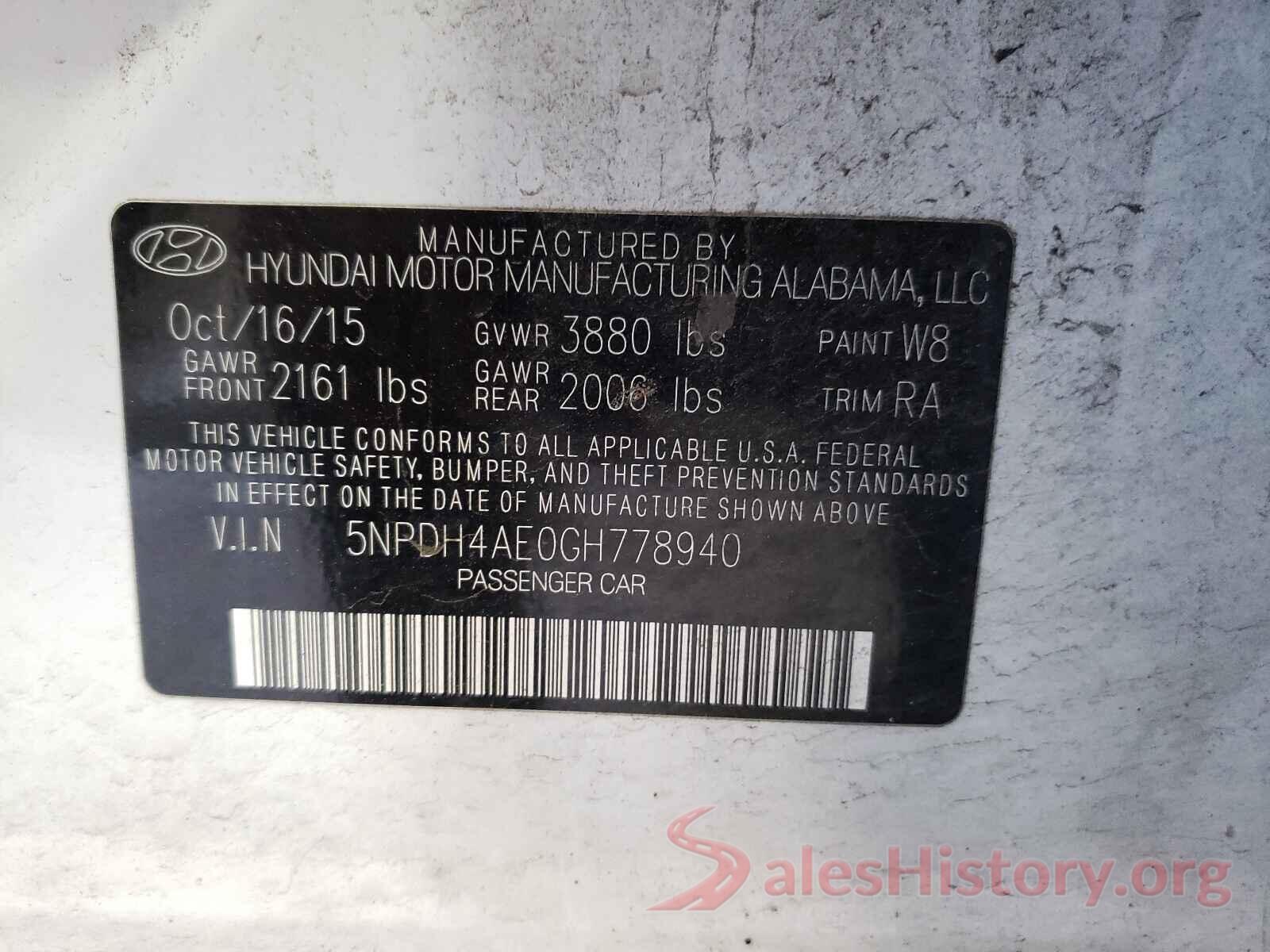 5NPDH4AE0GH778940 2016 HYUNDAI ELANTRA