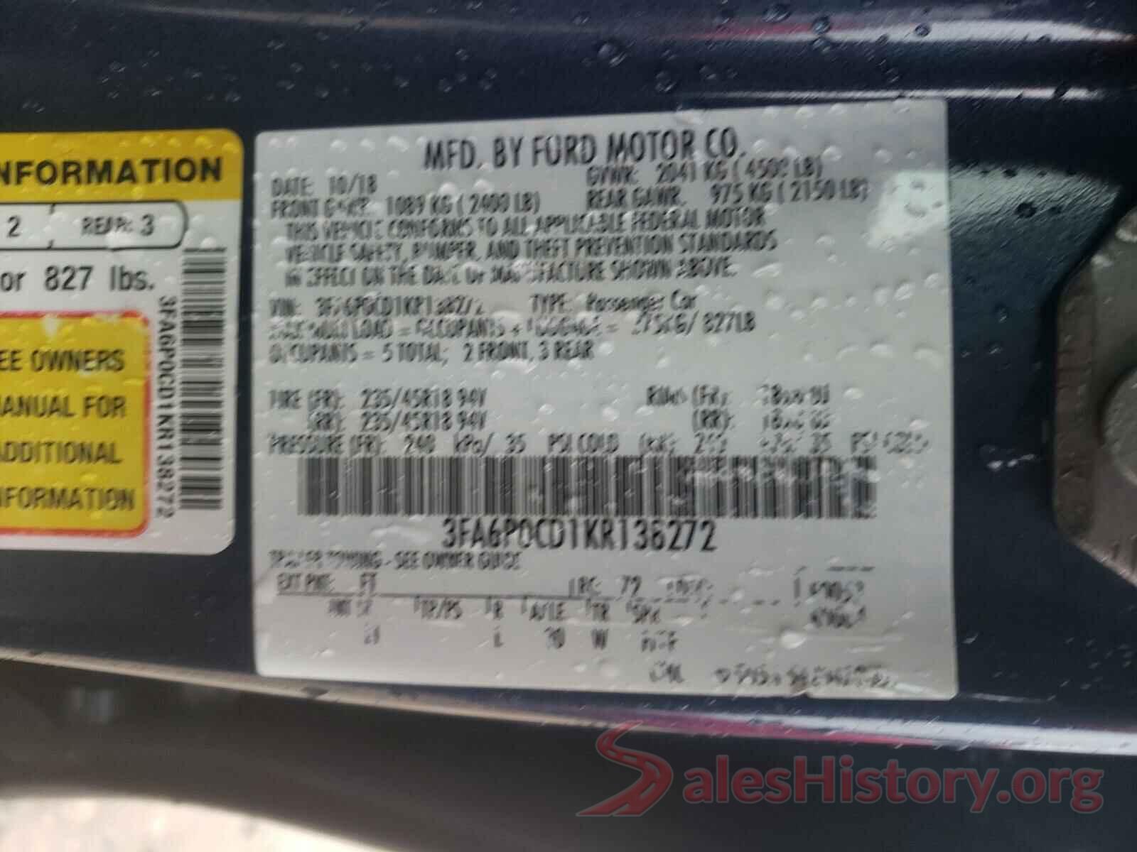 3FA6P0CD1KR138272 2019 FORD FUSION