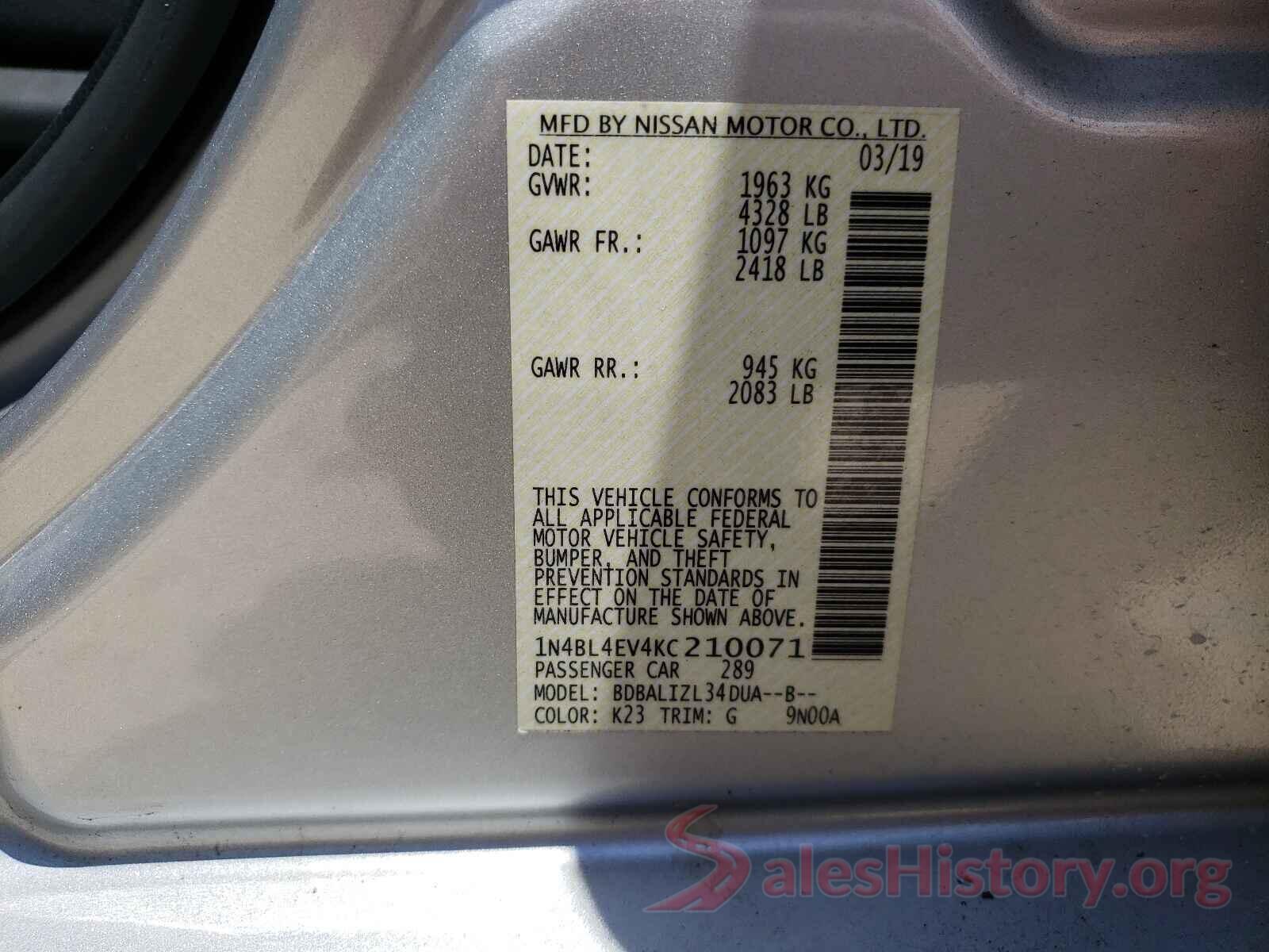 1N4BL4EV4KC210071 2019 NISSAN ALTIMA