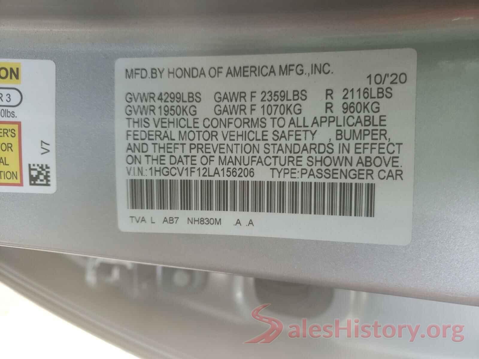 1HGCV1F12LA156206 2020 HONDA ACCORD