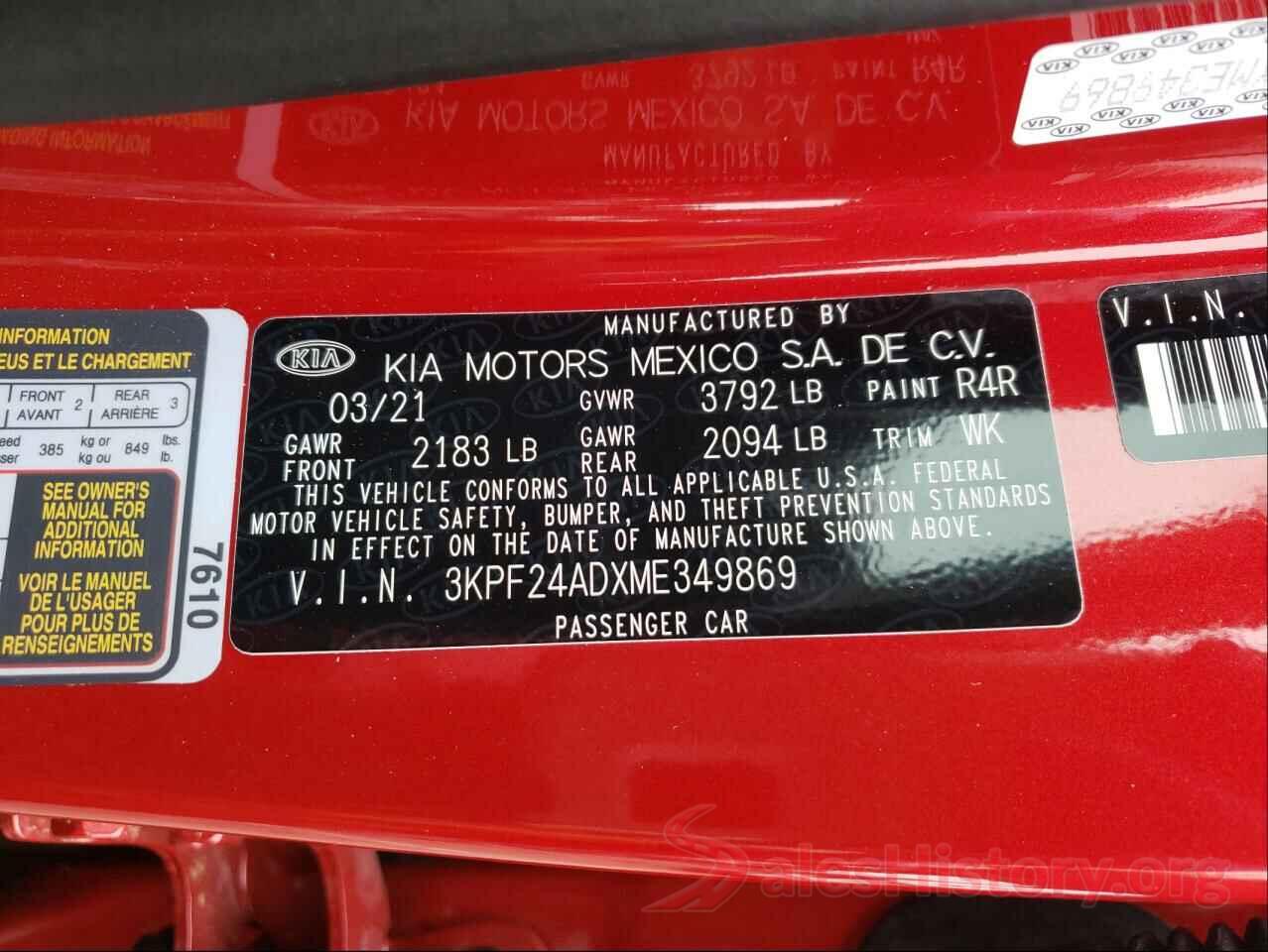 3KPF24ADXME349869 2021 KIA FORTE