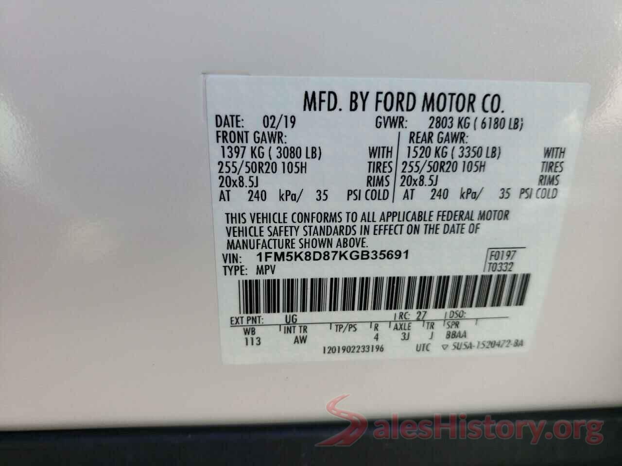 1FM5K8D87KGB35691 2019 FORD EXPLORER