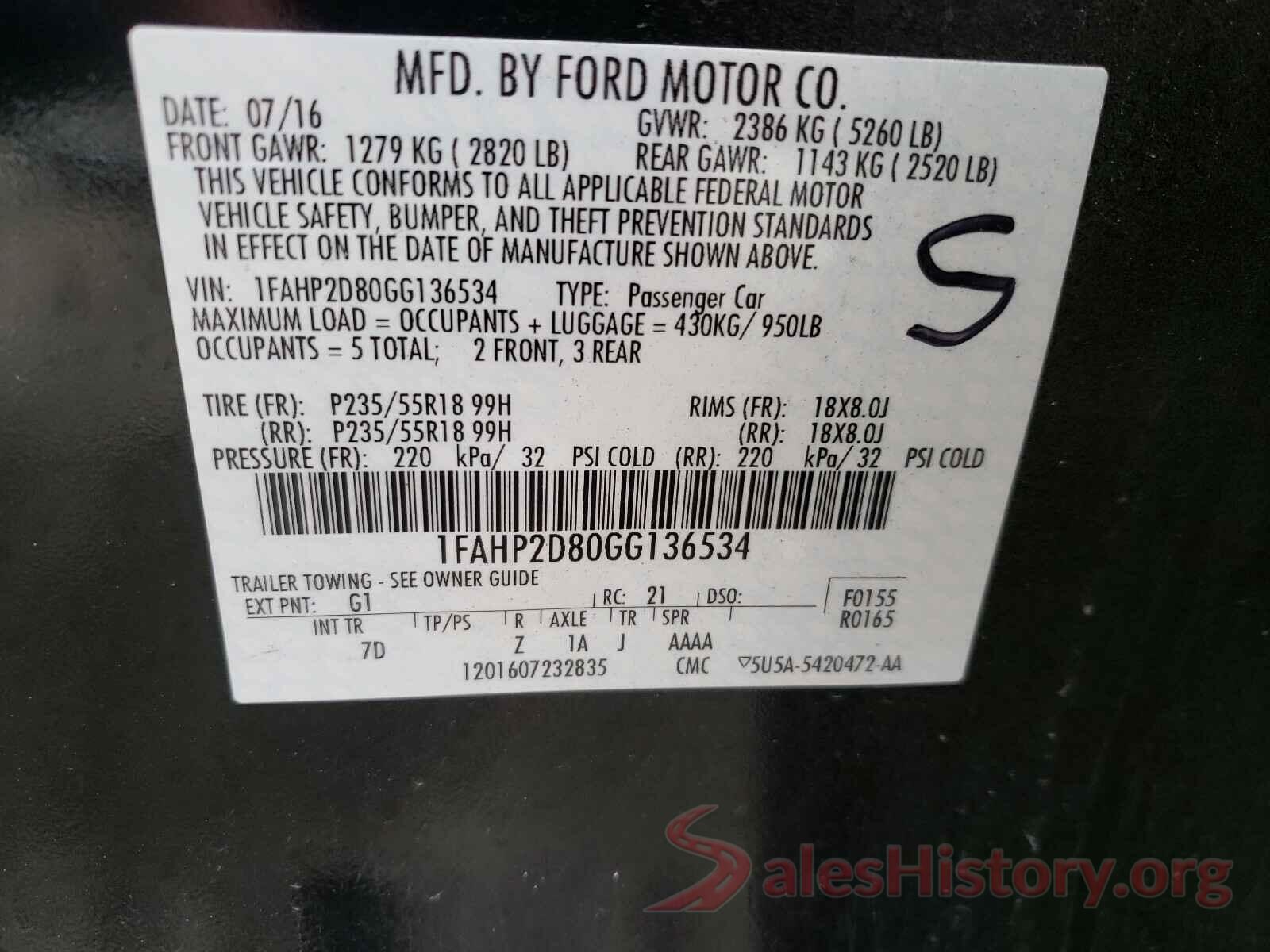 1FAHP2D80GG136534 2016 FORD TAURUS