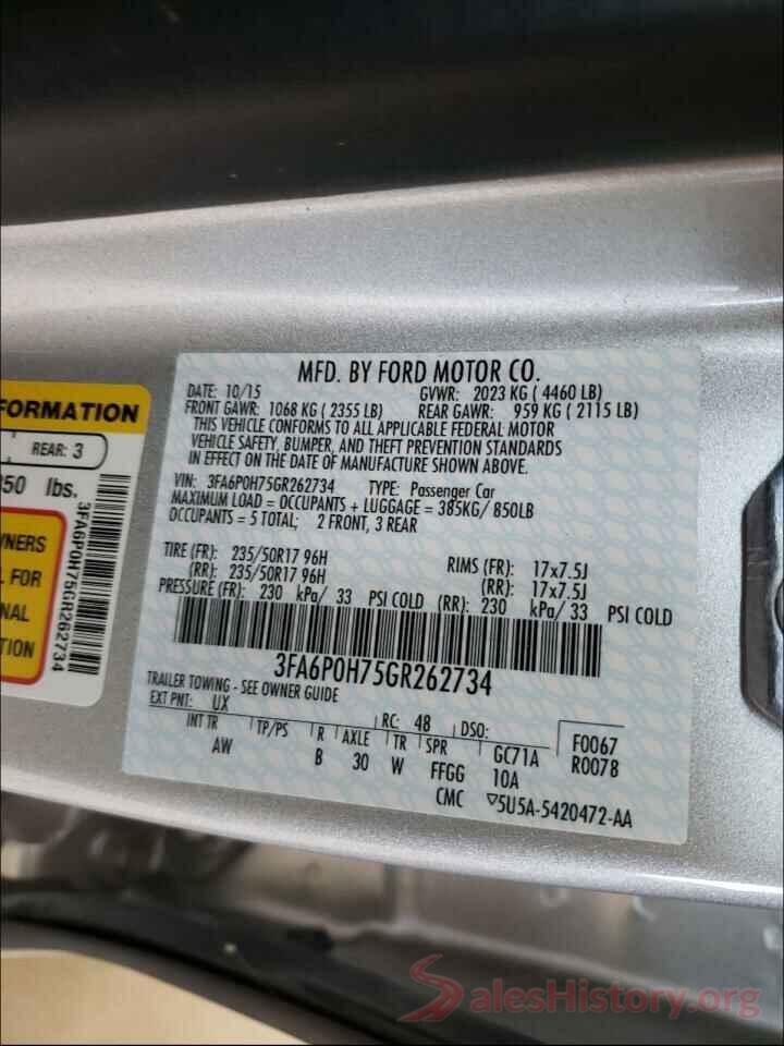 3FA6P0H75GR262734 2016 FORD FUSION