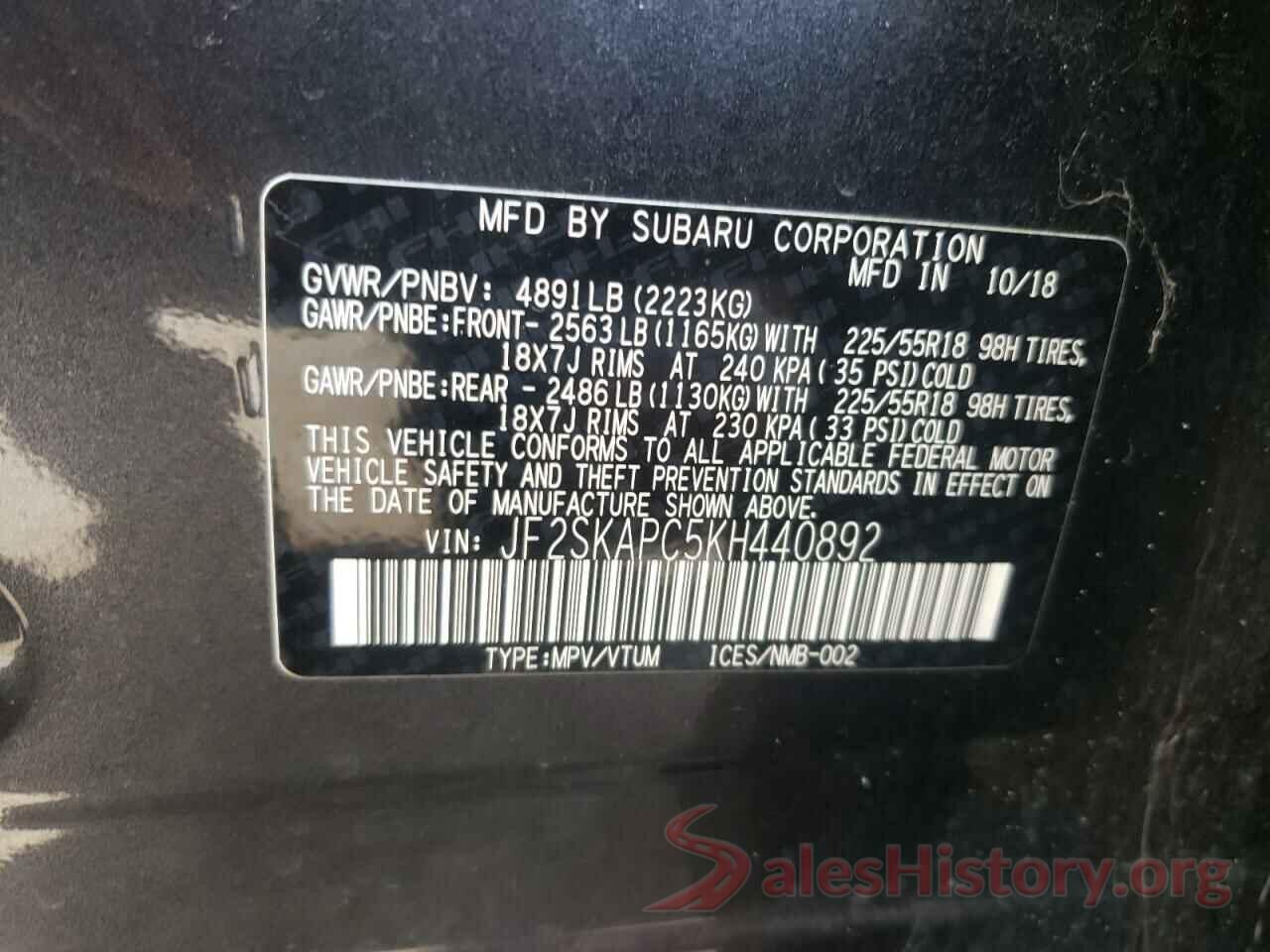 JF2SKAPC5KH440892 2019 SUBARU FORESTER