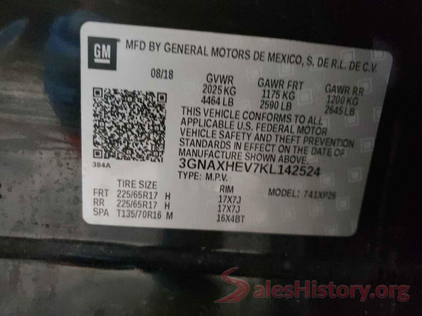 3GNAXHEV7KL142524 2019 CHEVROLET EQUINOX