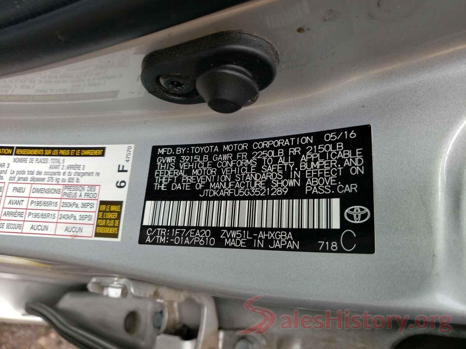 JTDKARFU5G3521289 2016 TOYOTA PRIUS