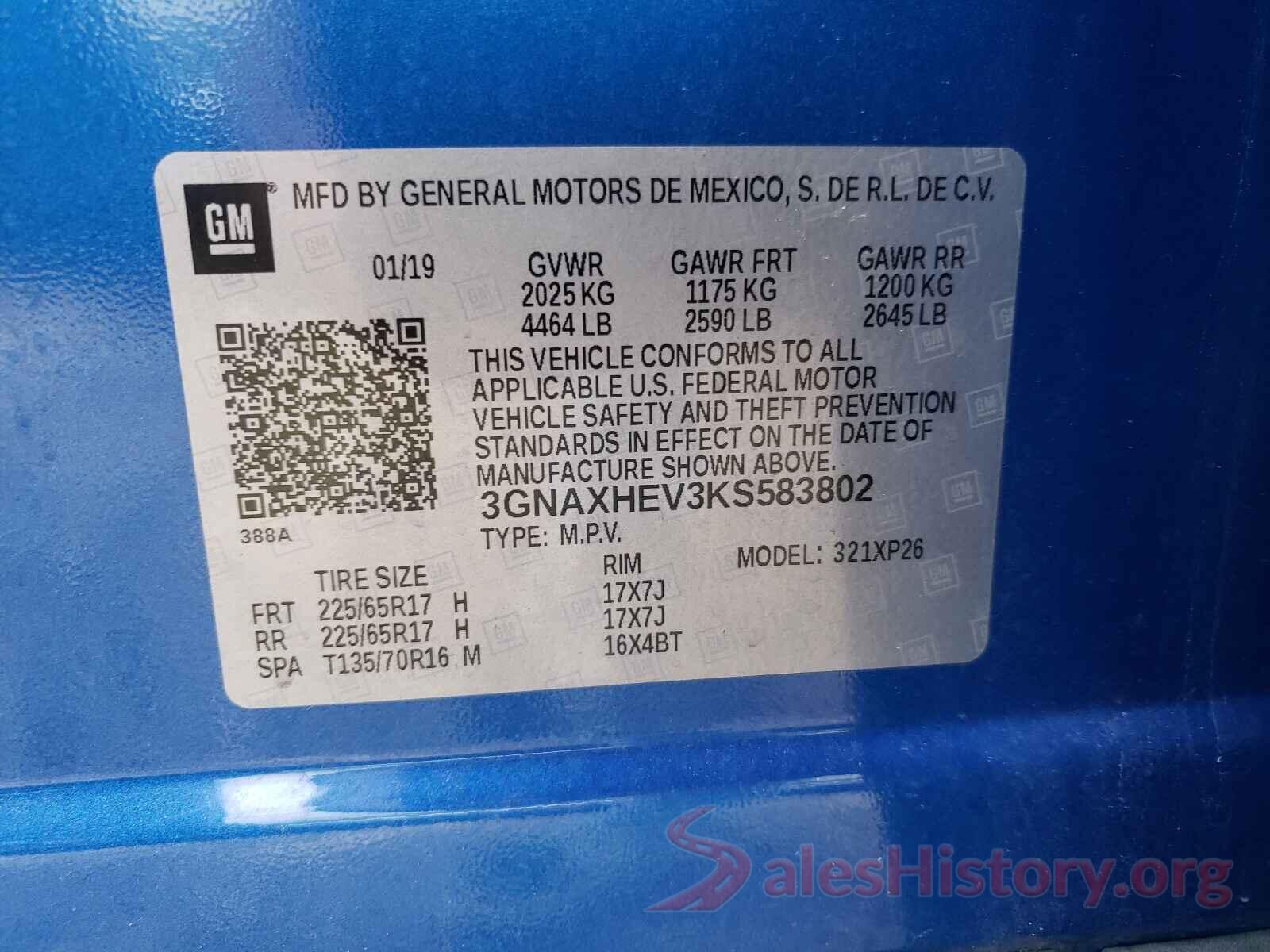 3GNAXHEV3KS583802 2019 CHEVROLET EQUINOX