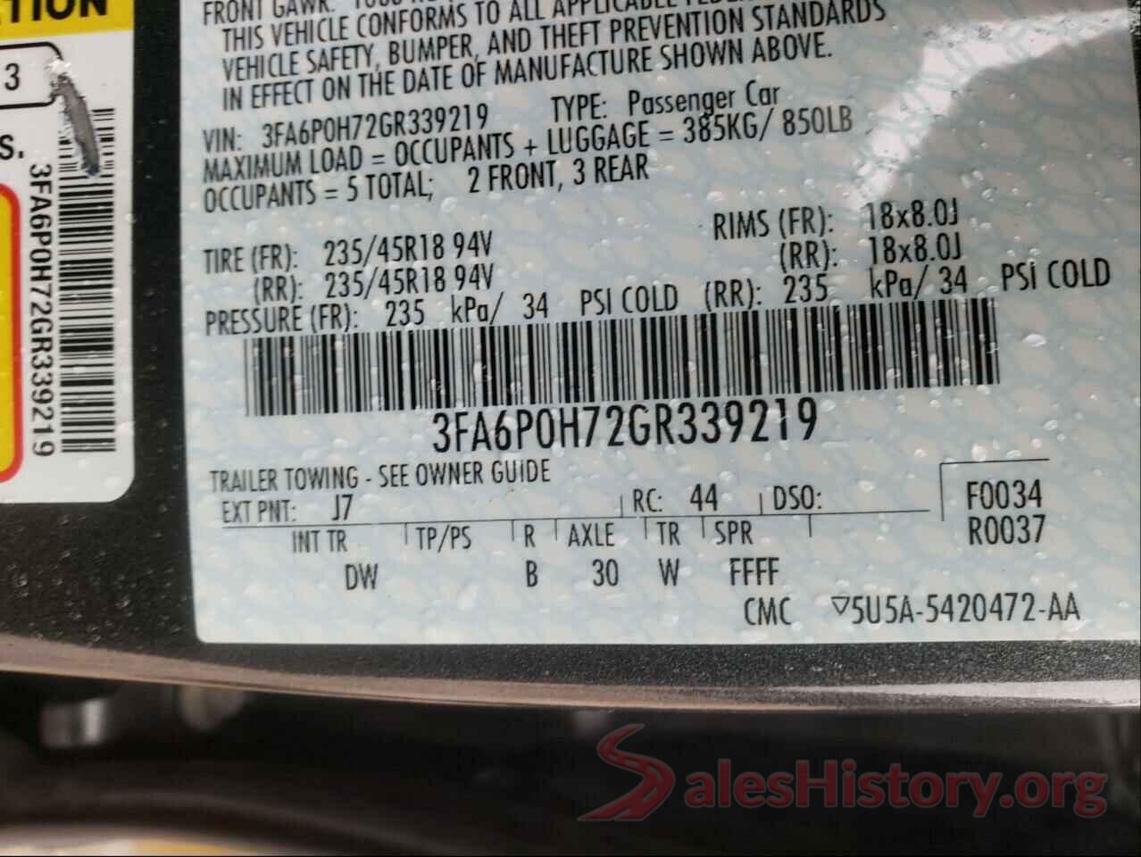 3FA6P0H72GR339219 2016 FORD FUSION