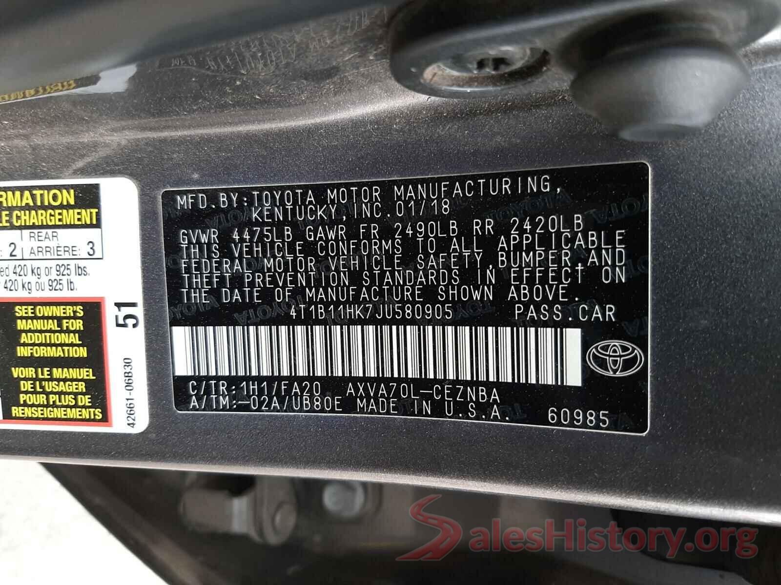 4T1B11HK7JU580905 2018 TOYOTA CAMRY