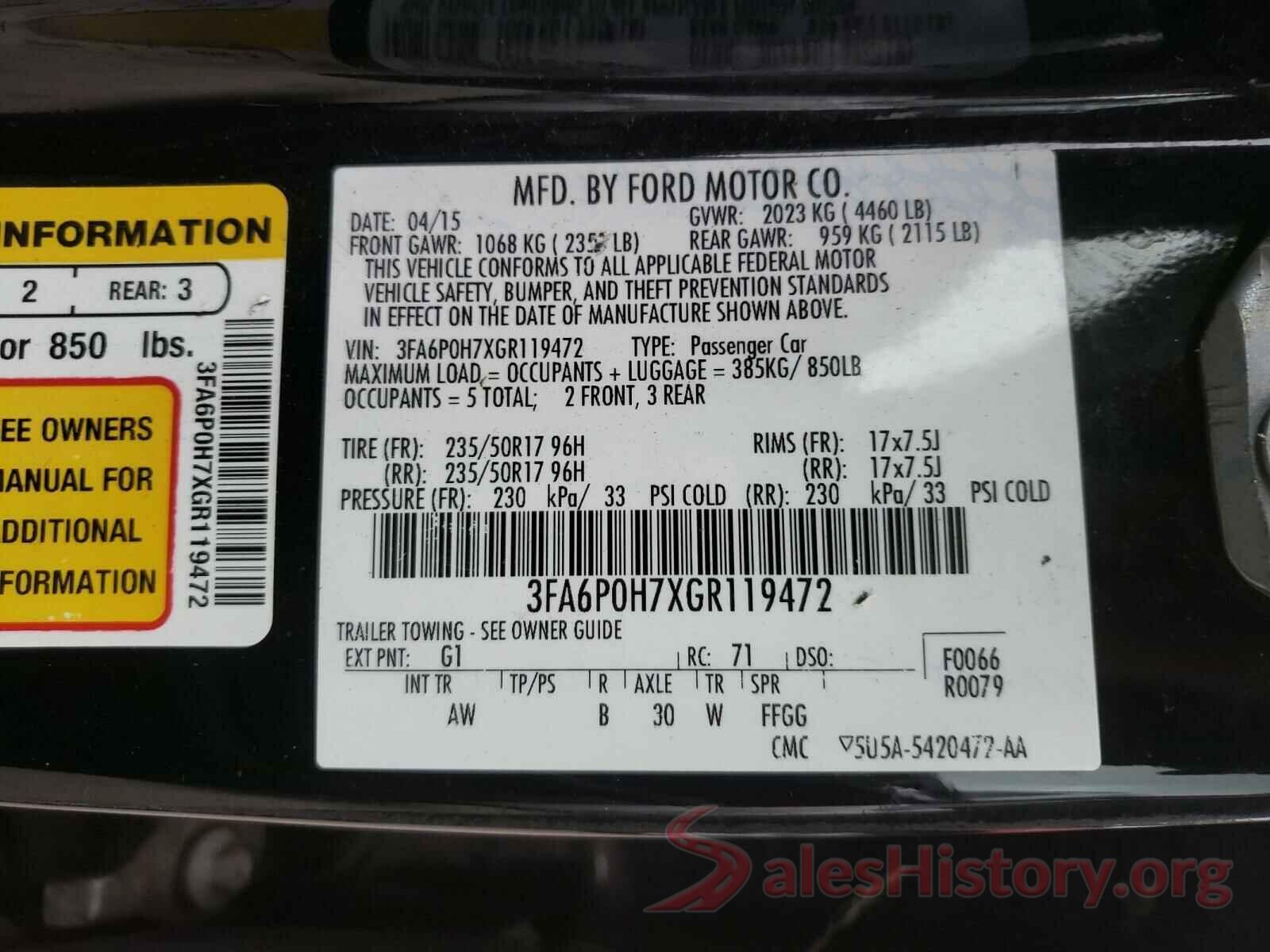 3FA6P0H7XGR119472 2016 FORD FUSION