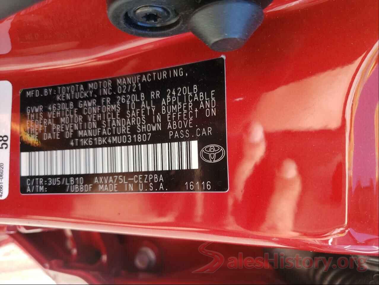 4T1K61BK4MU031807 2021 TOYOTA CAMRY