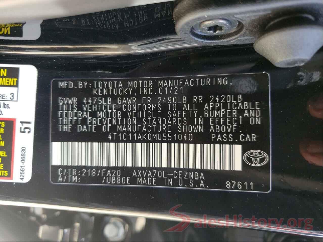 4T1C11AK0MU551040 2021 TOYOTA CAMRY