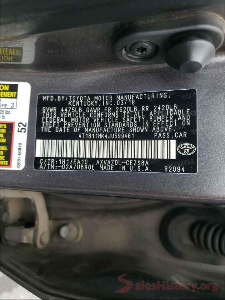 4T1B11HK4JU599461 2018 TOYOTA CAMRY