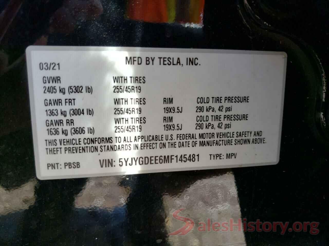 5YJYGDEE6MF145481 2021 TESLA MODEL Y