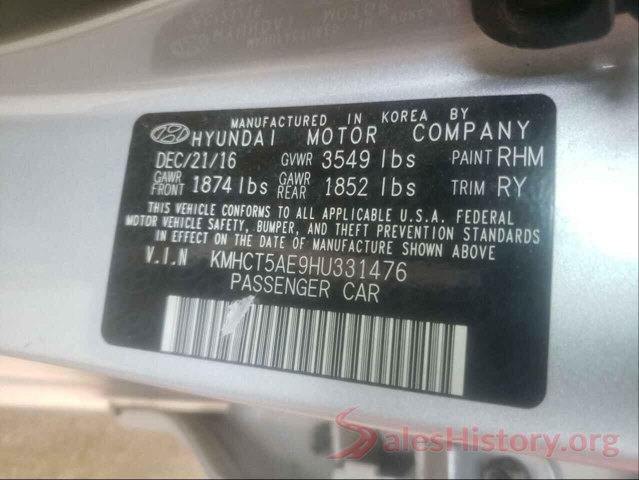 KMHCT5AE9HU331476 2017 HYUNDAI ACCENT