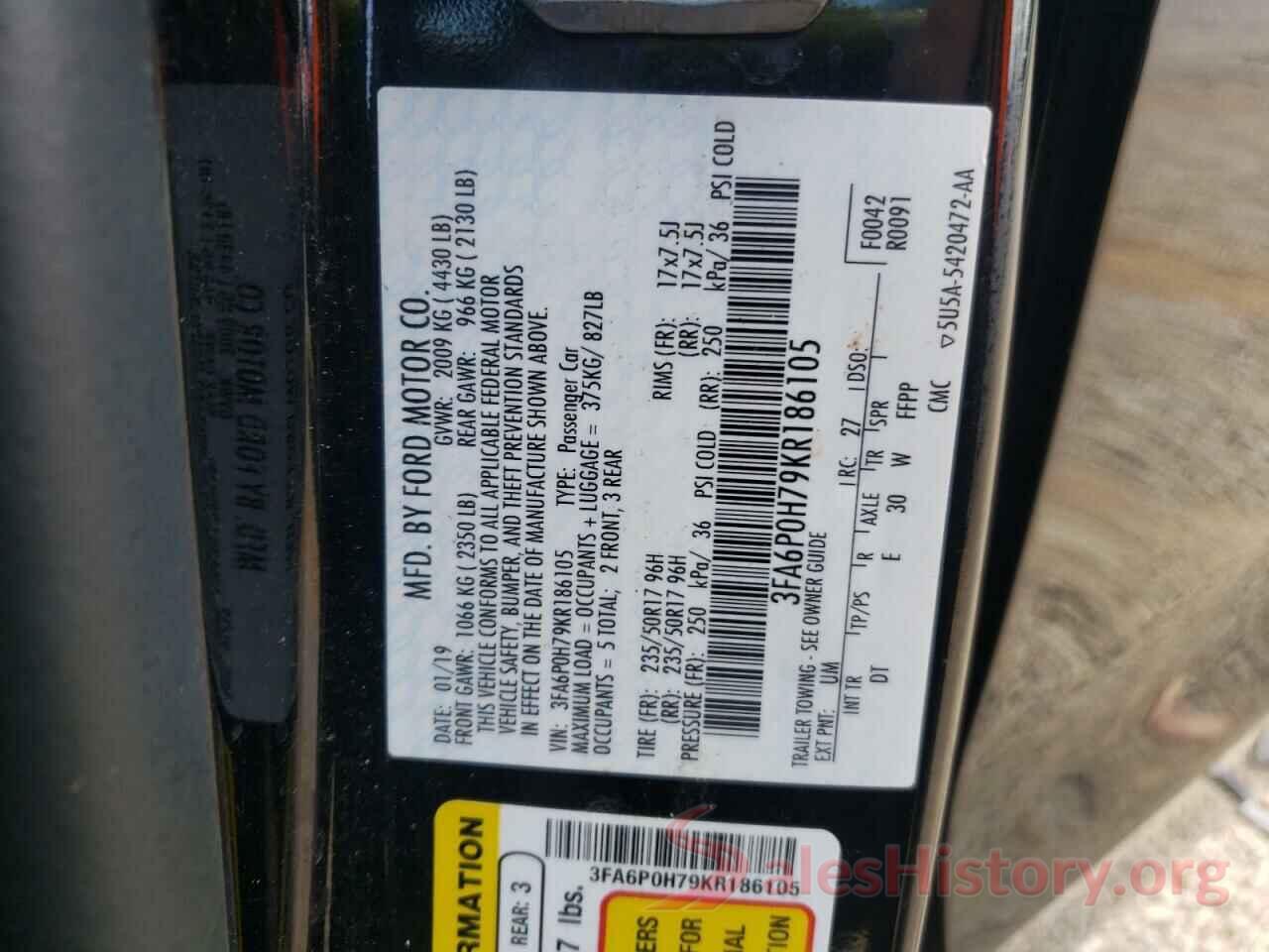 3FA6P0H79KR186105 2019 FORD FUSION