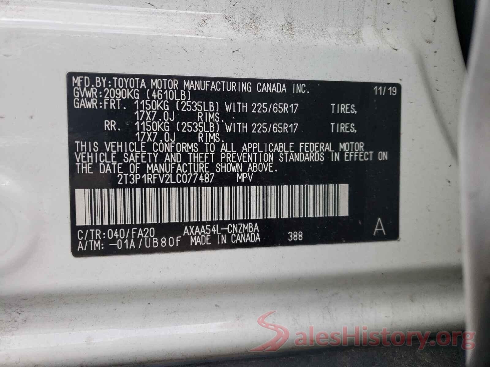 2T3P1RFV2LC077487 2020 TOYOTA RAV4