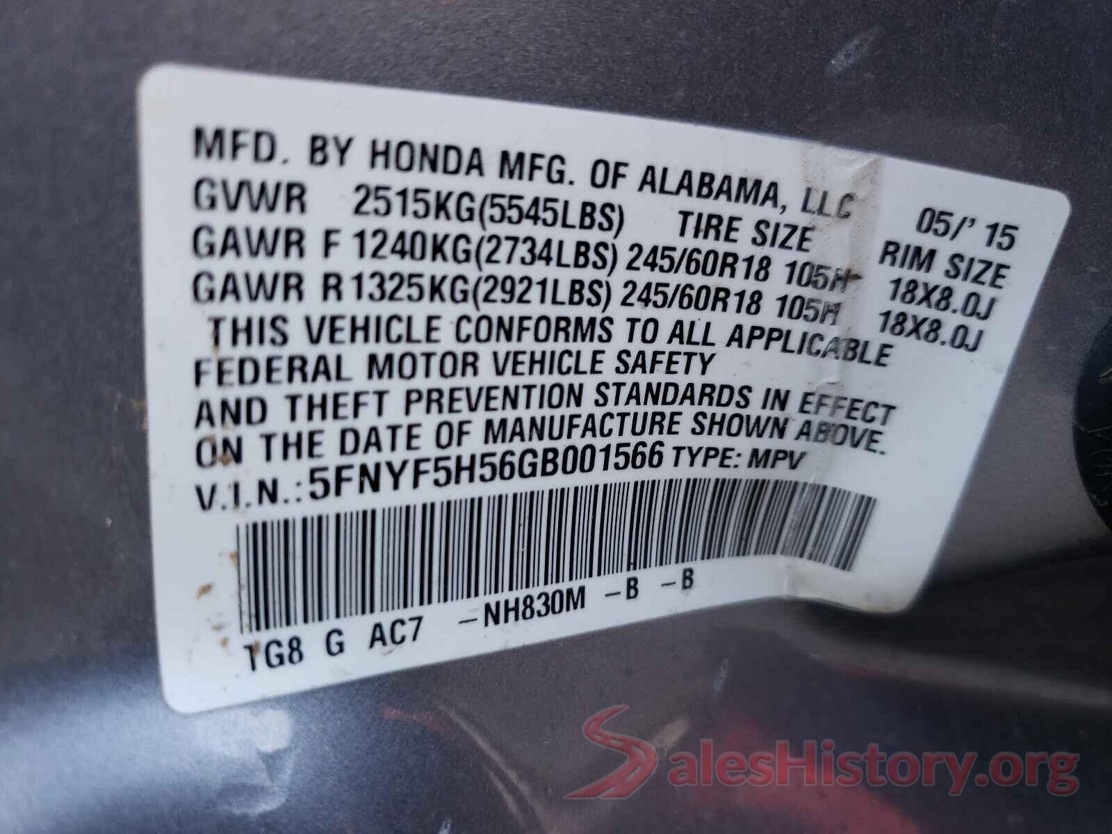 5FNYF5H56GB001566 2016 HONDA PILOT