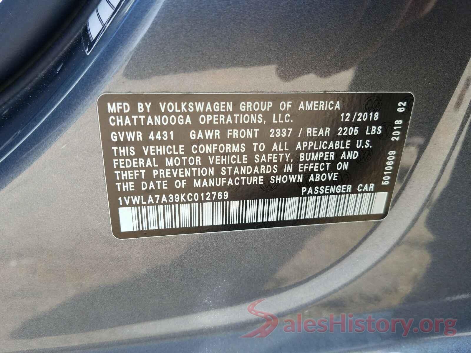 1VWLA7A39KC012769 2019 VOLKSWAGEN PASSAT