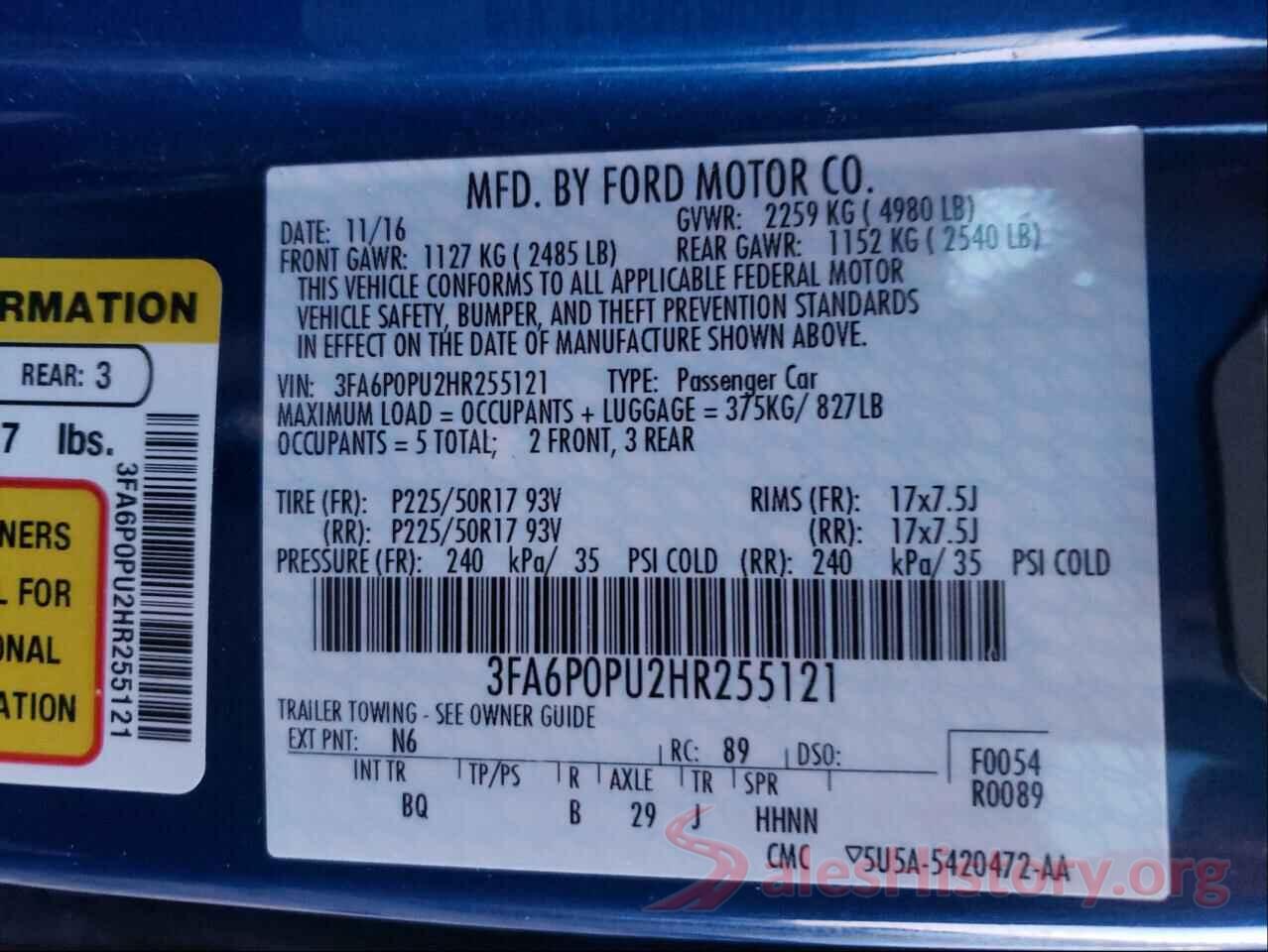 3FA6P0PU2HR255121 2017 FORD FUSION