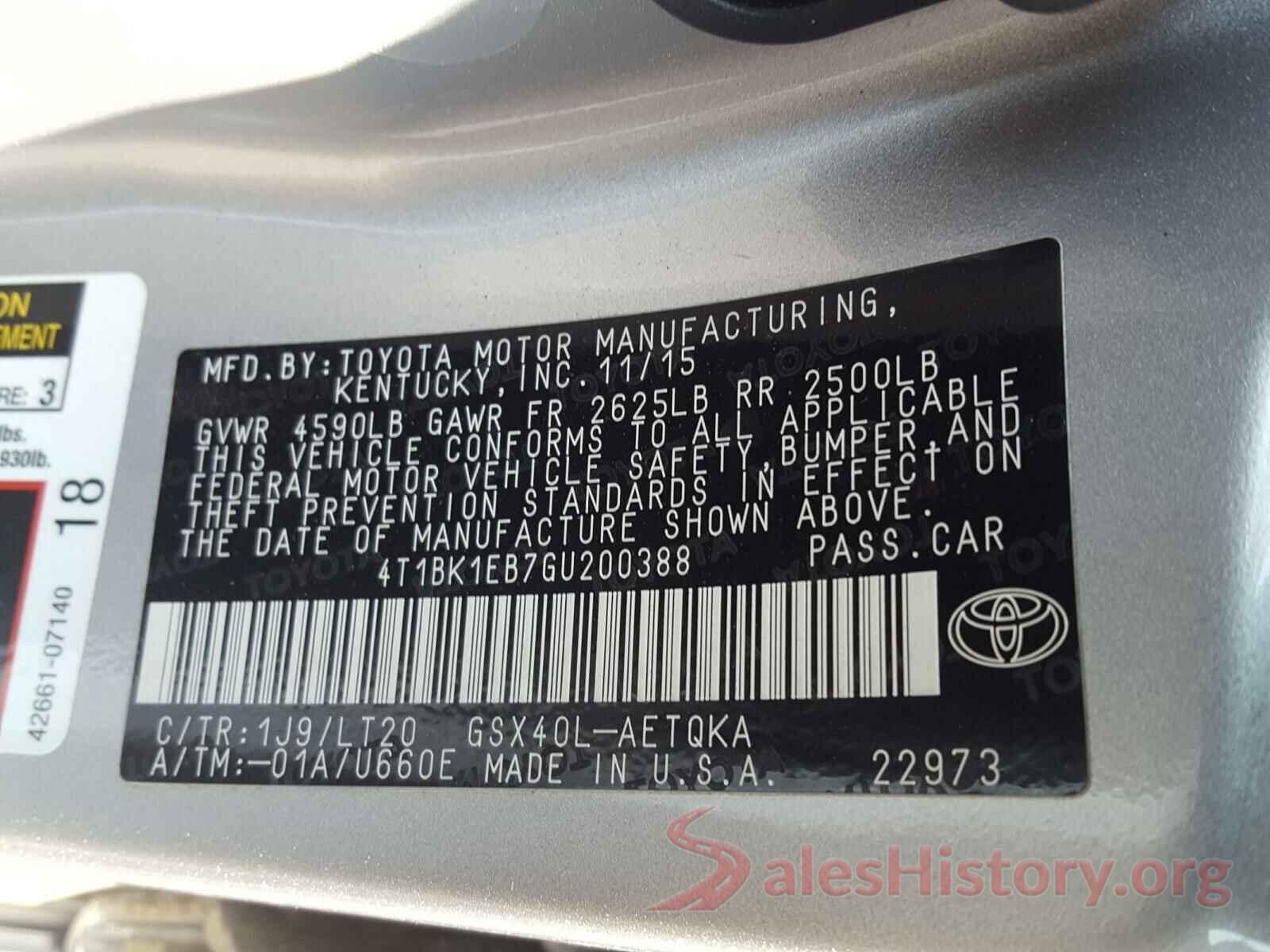 4T1BK1EB7GU200388 2016 TOYOTA AVALON