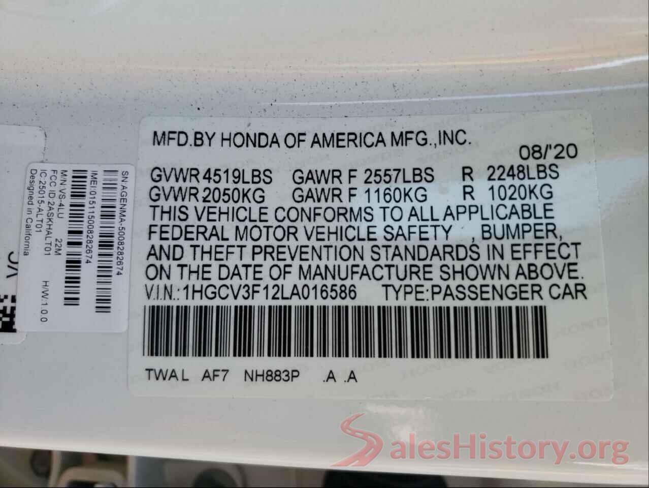 1HGCV3F12LA016586 2020 HONDA ACCORD