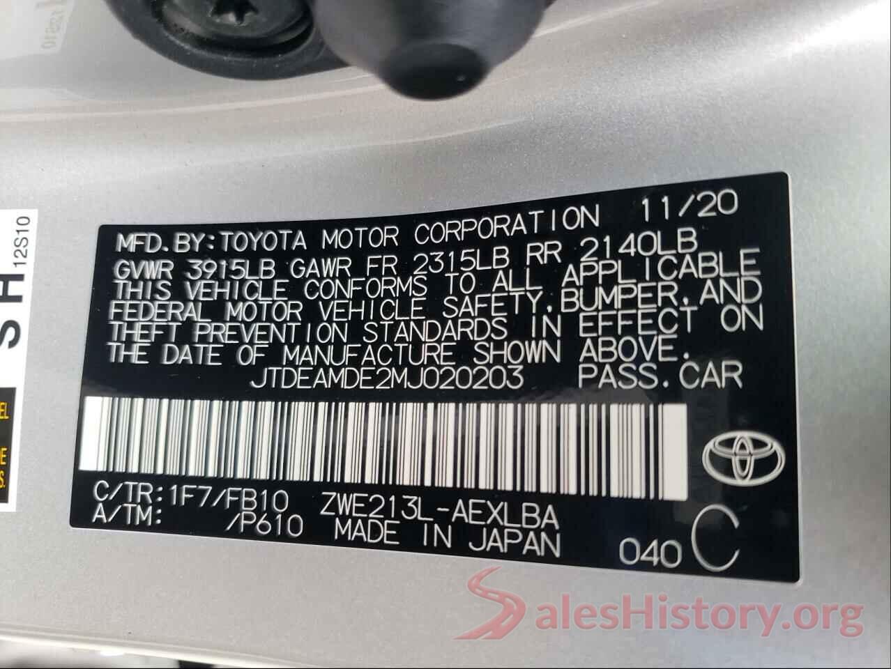 JTDEAMDE2MJ020203 2021 TOYOTA COROLLA