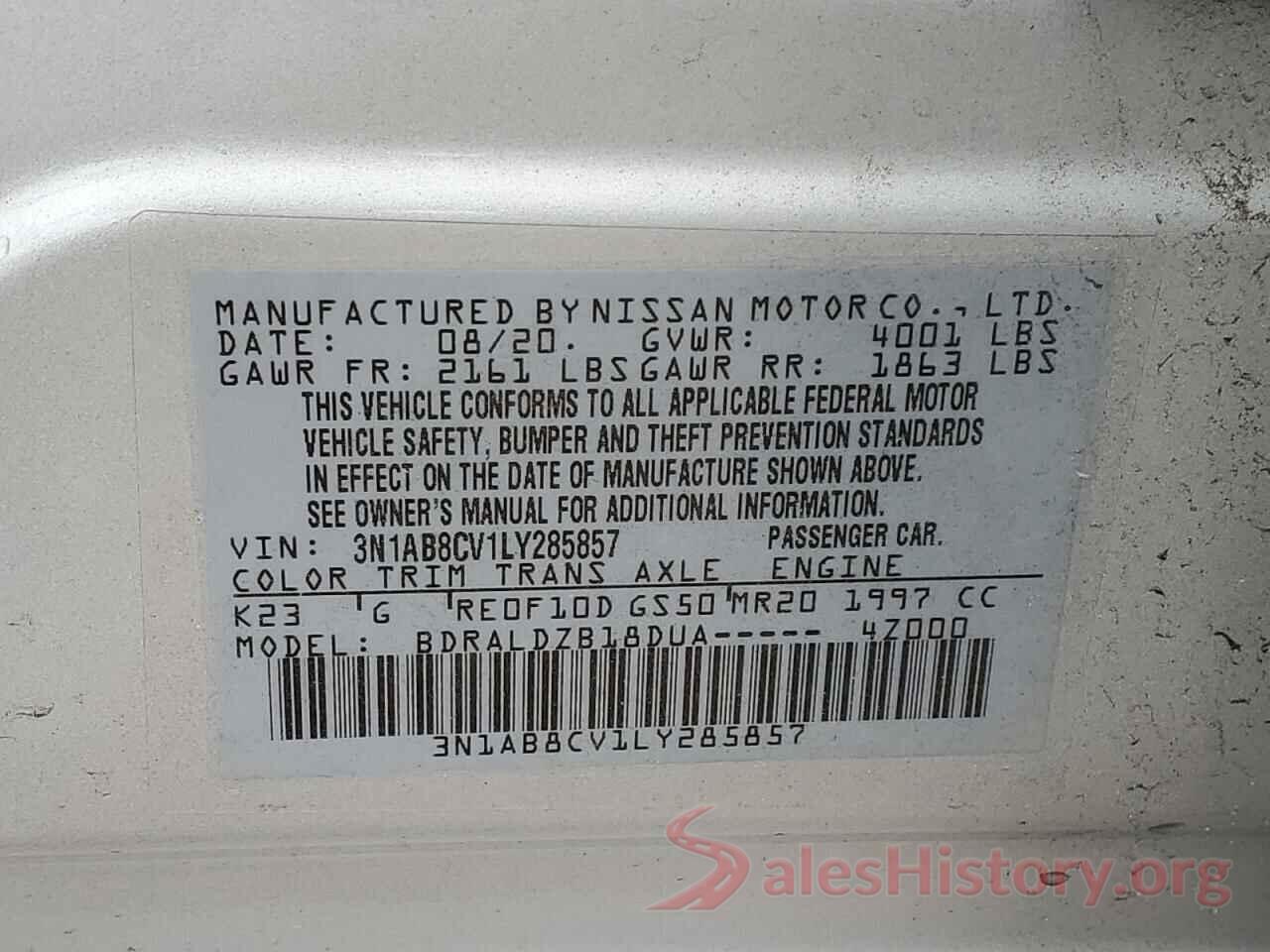 3N1AB8CV1LY285857 2020 NISSAN SENTRA