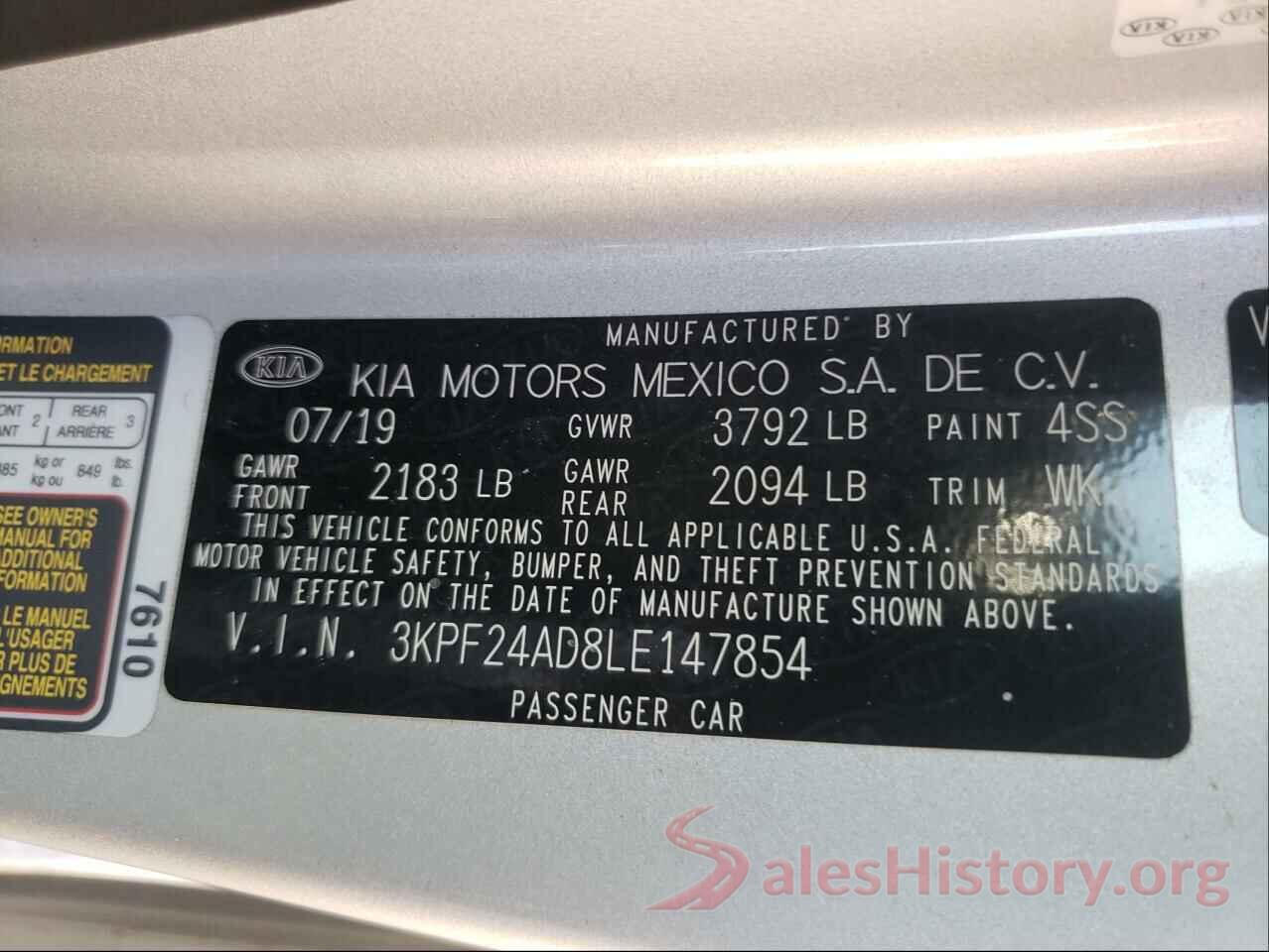 3KPF24AD8LE147854 2020 KIA FORTE