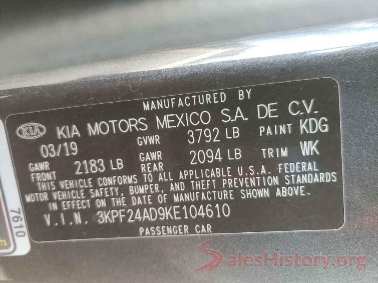 3KPF24AD9KE104610 2019 KIA FORTE