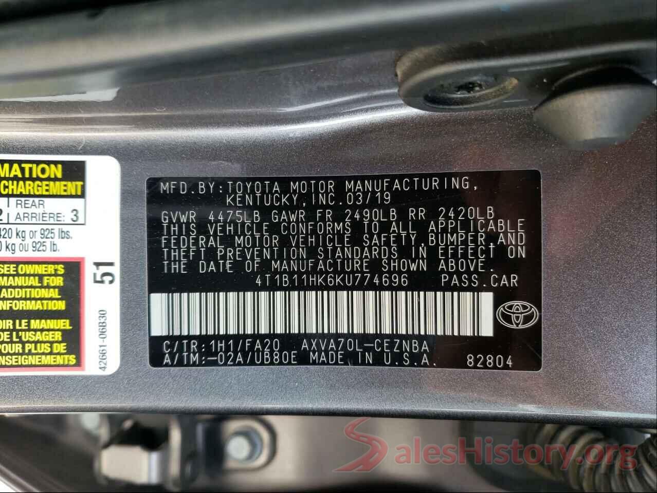 4T1B11HK6KU774696 2019 TOYOTA CAMRY