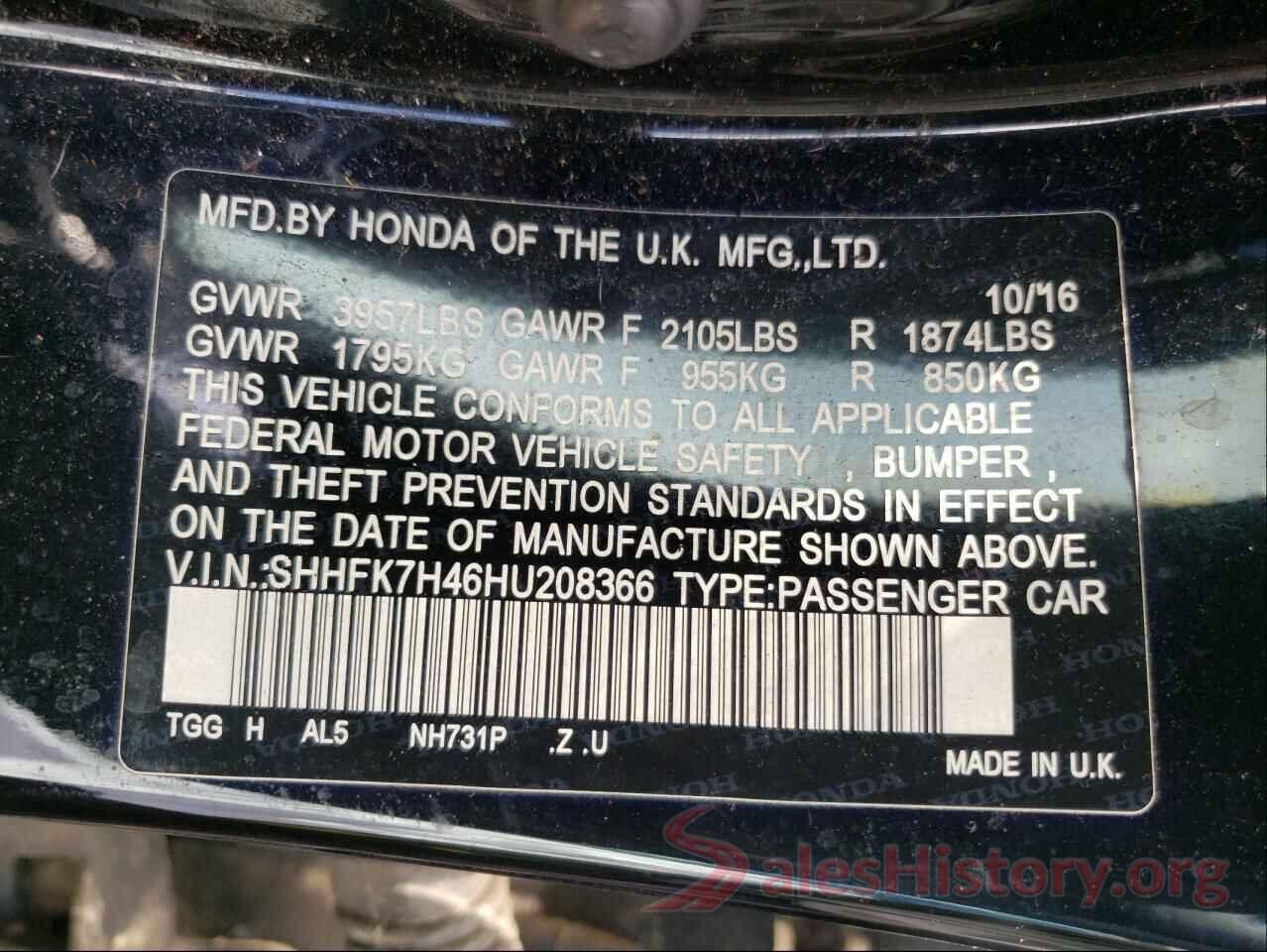 SHHFK7H46HU208366 2017 HONDA CIVIC