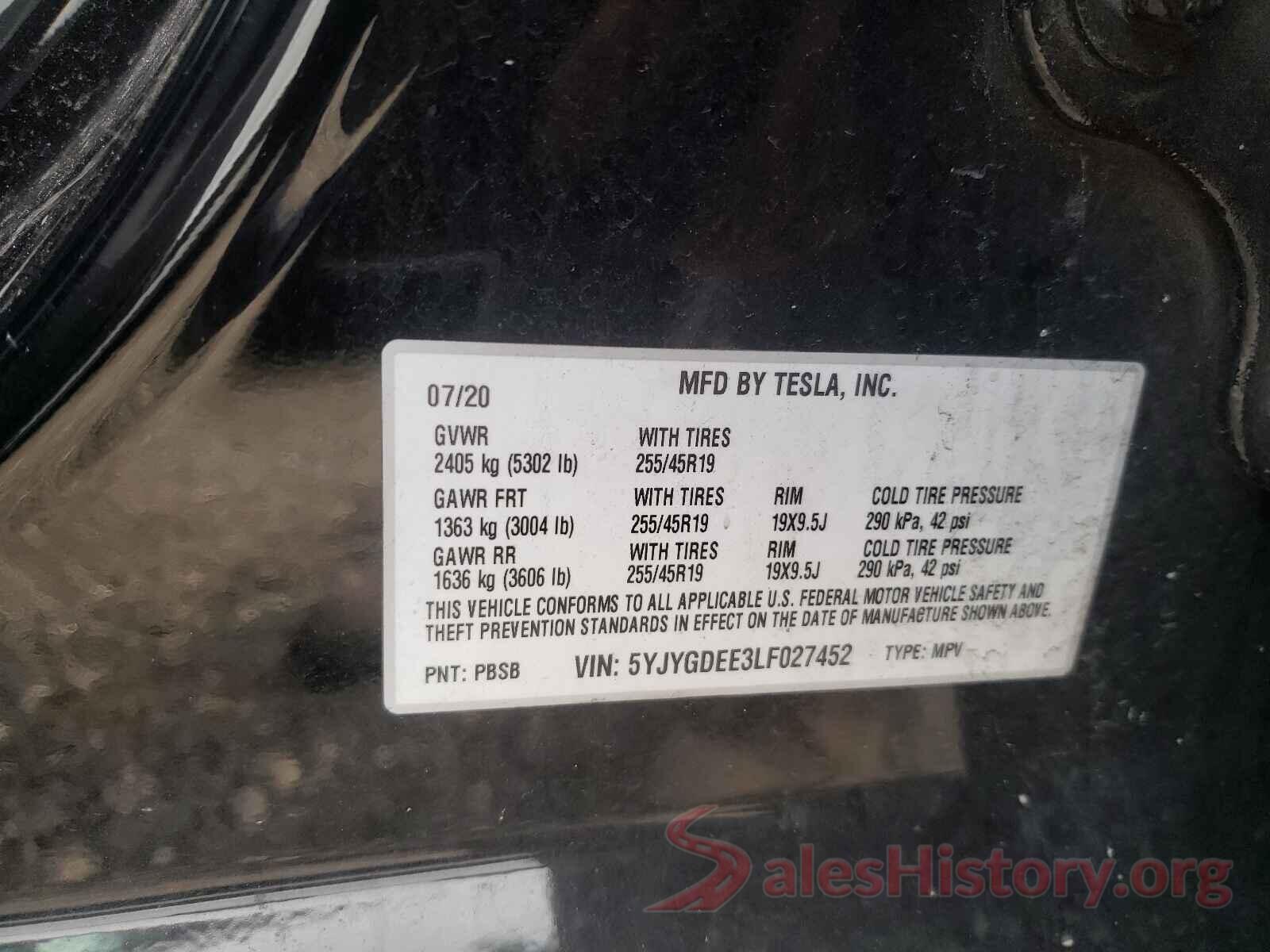 5YJYGDEE3LF027452 2020 TESLA MODEL Y