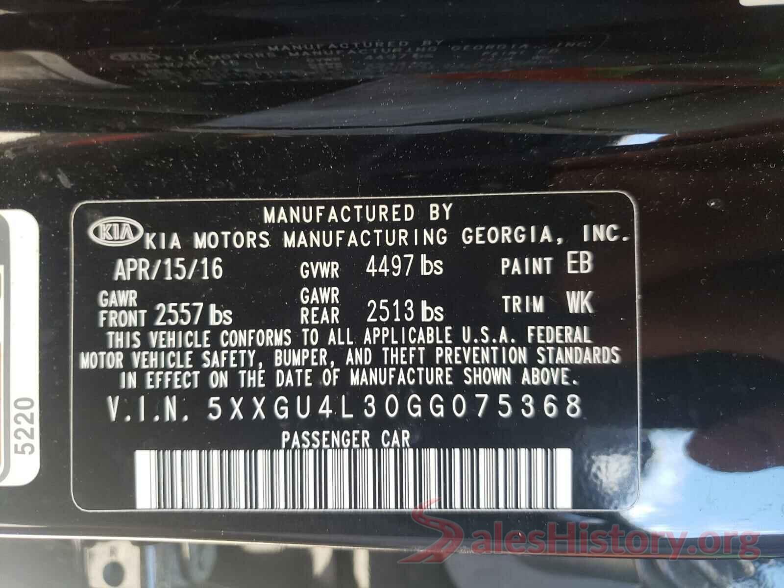 5XXGU4L30GG075368 2016 KIA OPTIMA