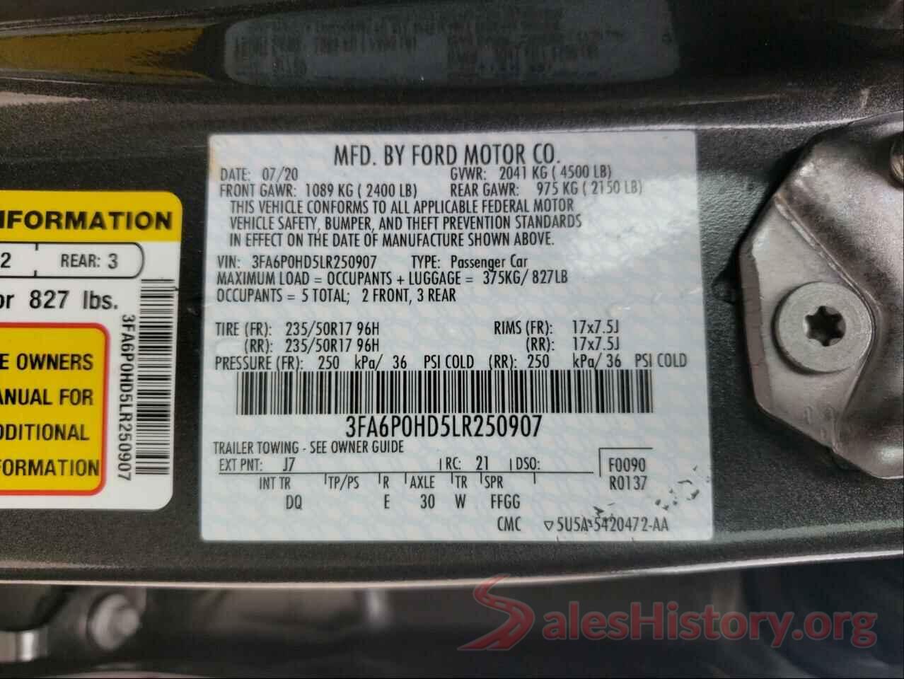 3FA6P0HD5LR250907 2020 FORD FUSION