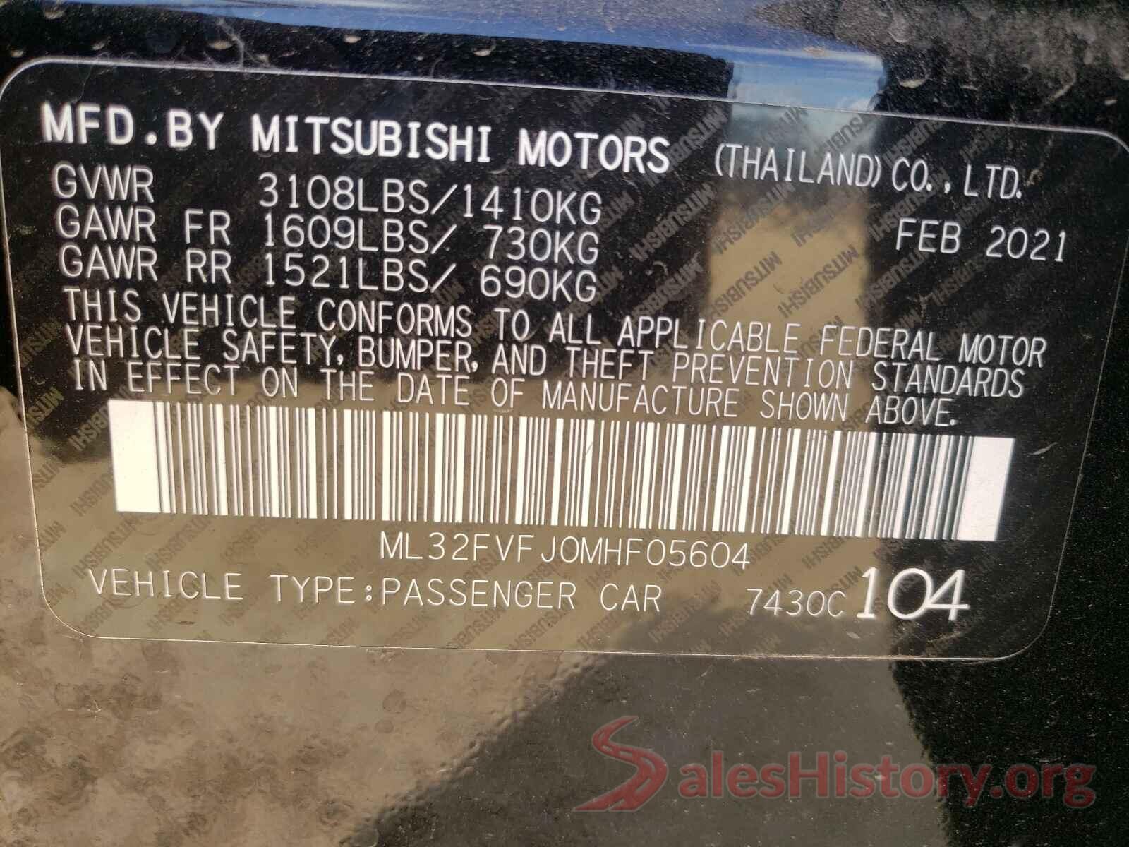 ML32FVFJ0MHF05604 2021 MITSUBISHI MIRAGE