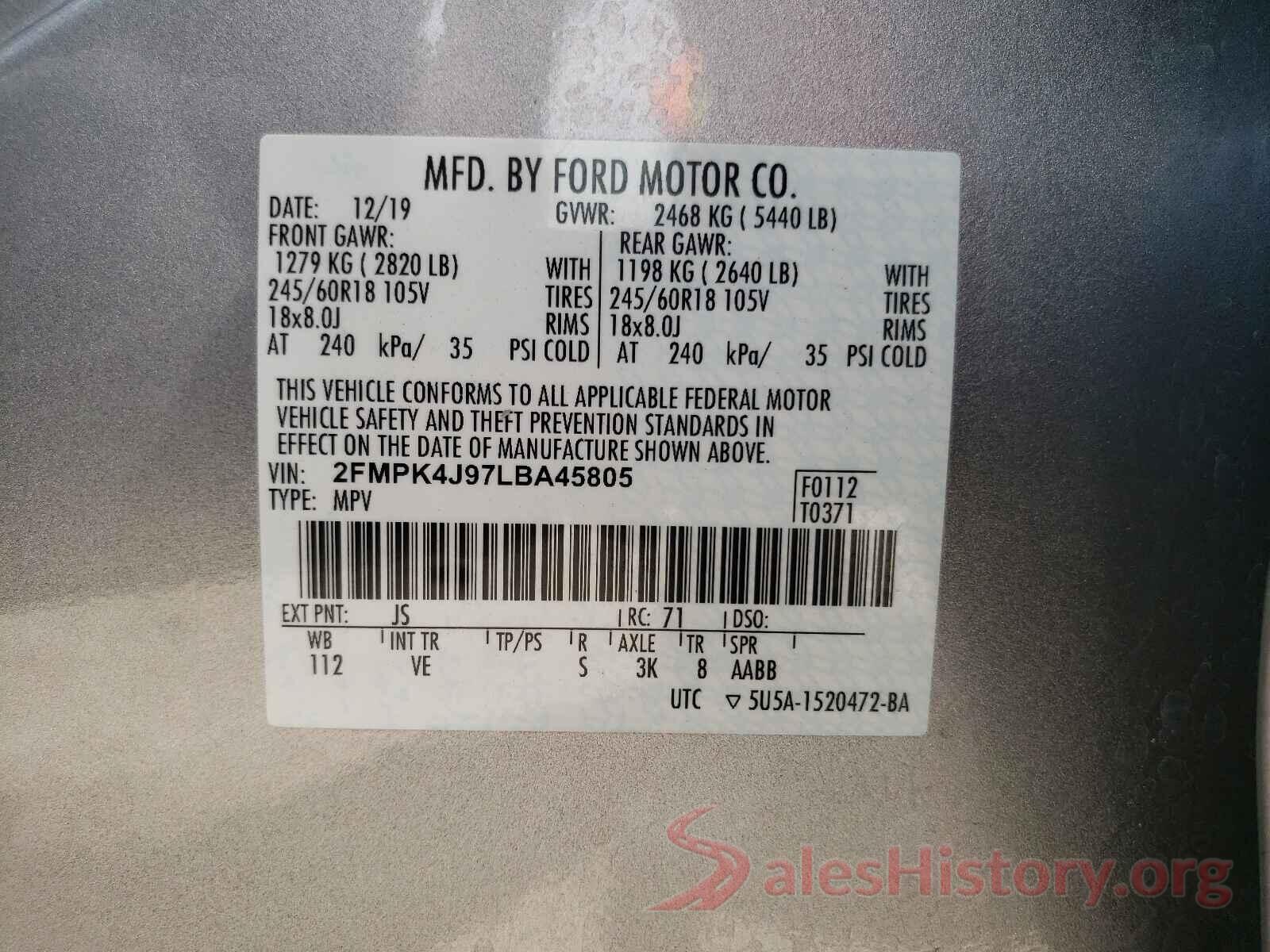 2FMPK4J97LBA45805 2020 FORD EDGE