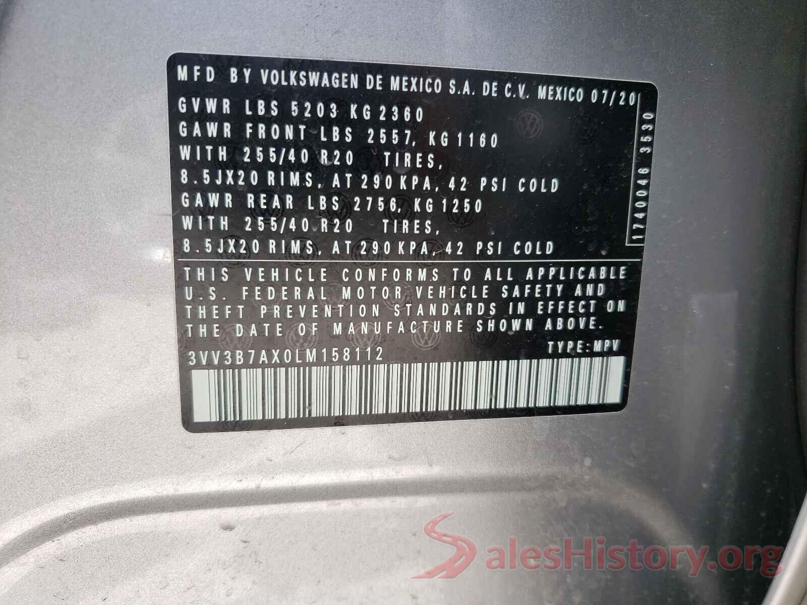 3VV3B7AX0LM158112 2020 VOLKSWAGEN TIGUAN