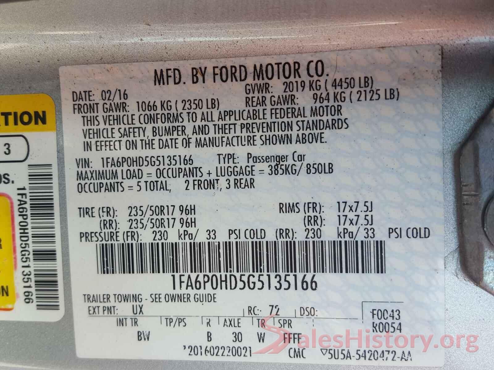 1FA6P0HD5G5135166 2016 FORD FUSION