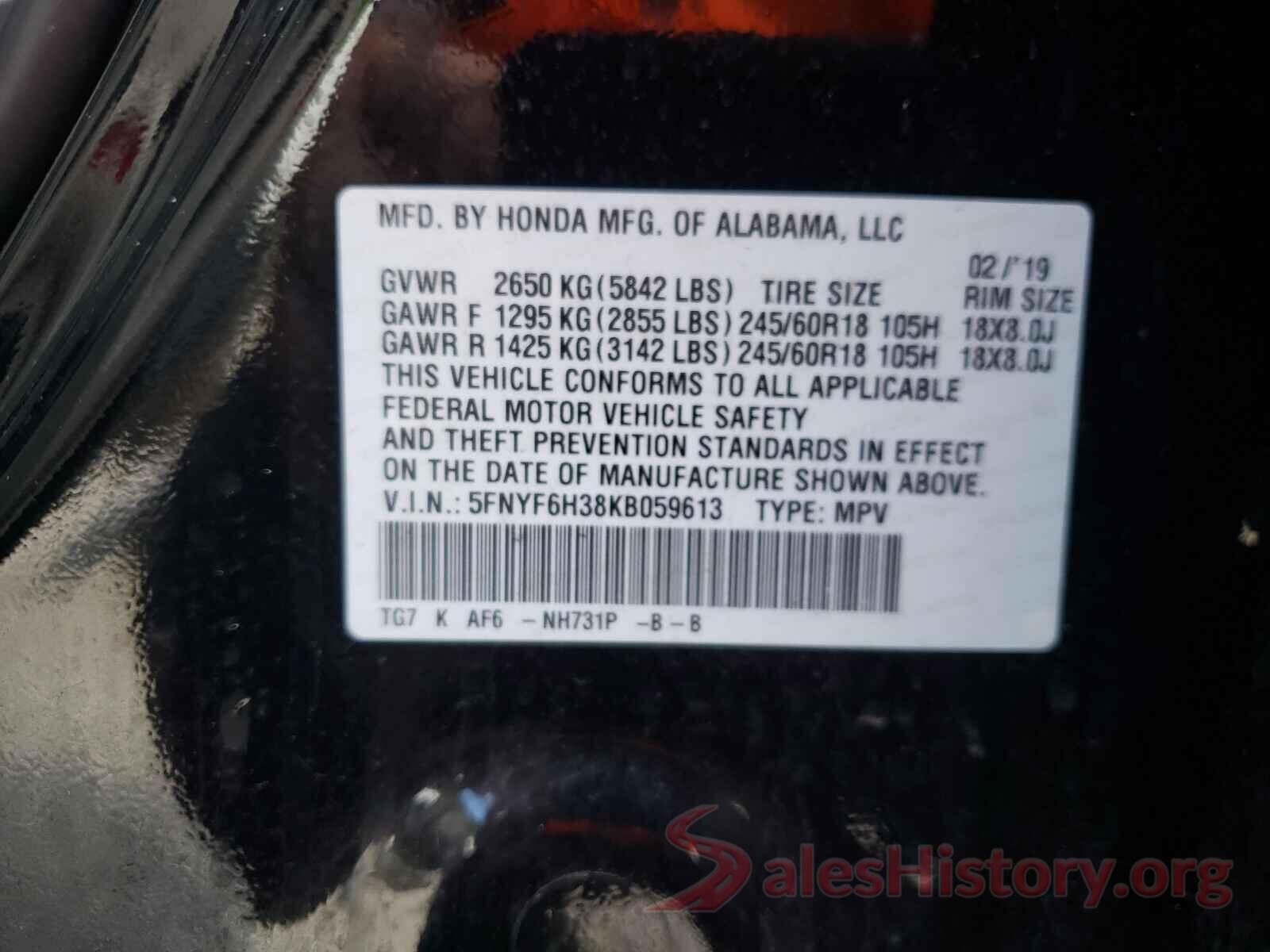 5FNYF6H38KB059613 2019 HONDA PILOT