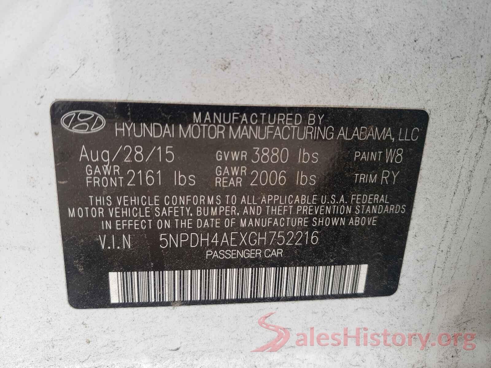 5NPDH4AEXGH752216 2016 HYUNDAI ELANTRA